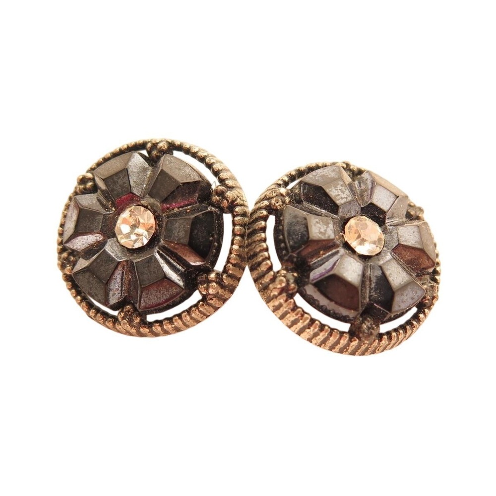 VINTAGE PAIR SILVER‎ POT METAL BLACK GLASS CLEAR RHINESTONE BUTTONS*7/8"